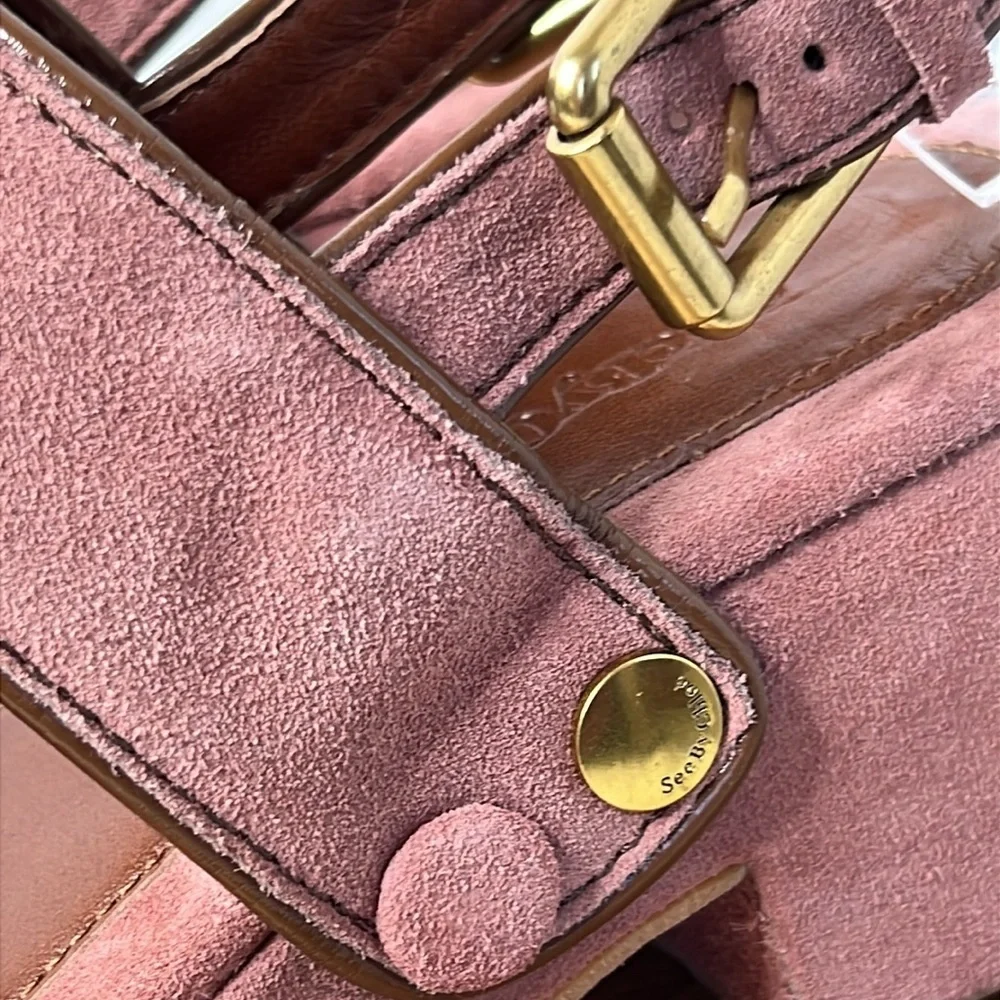 SEE BY CHLOE' l Pink Suede Galy Sandals Chunky Platform Summer Brass Hardware 39 - Picture 7 of 13